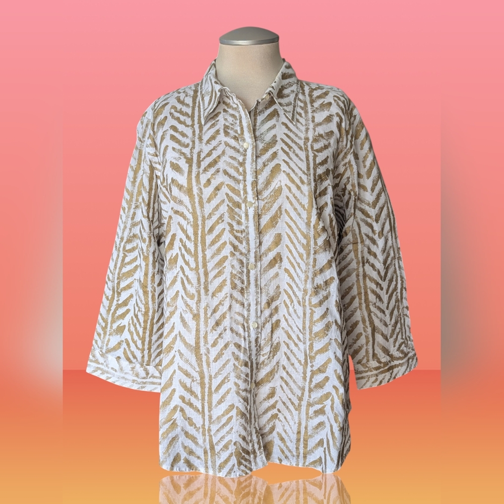 Ralph Lauren White and Gold Linen Button Down Shirt